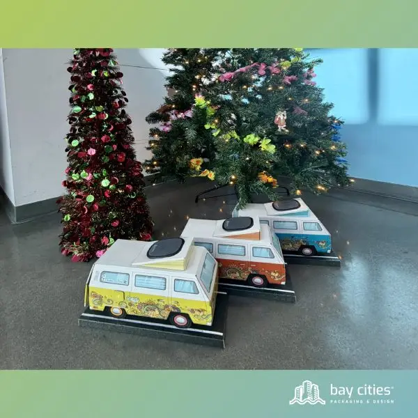 A row of colorful VW-style buses