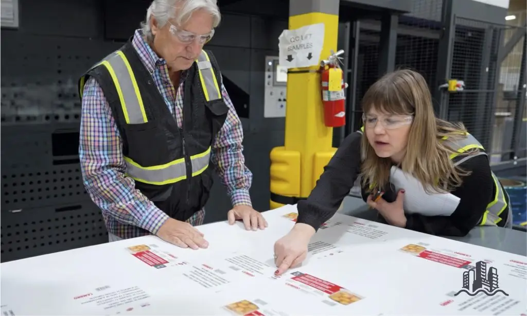 Two people examining a piece of printed corrugate