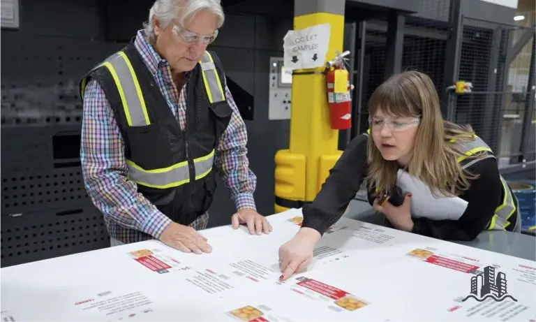 Two people examining a piece of printed corrugate