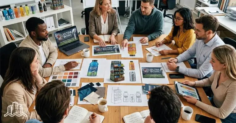 Employees in a meeting going over a seasonal in-store program for a CPG brand
